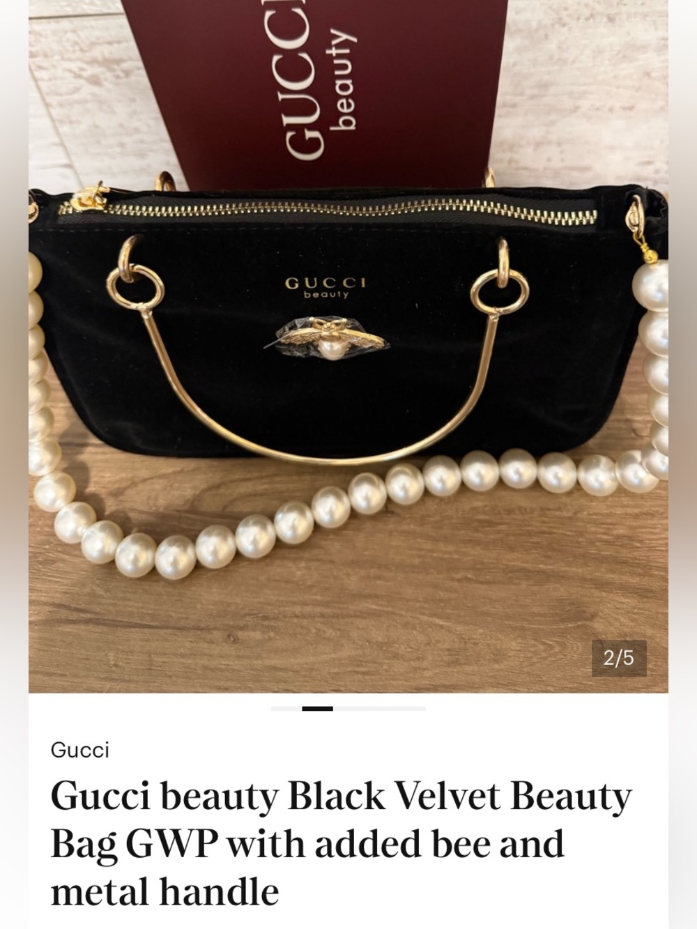 Gucci GWP Beauty Black Velvet Bag w/gold metal handles, pearls & bee attached